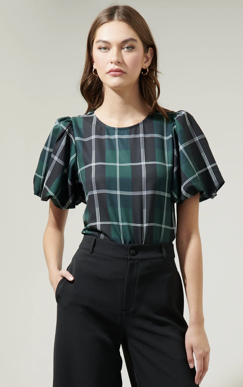 Plaid Puff Sleeve Blouse -Emerald — Yellow BoutiqueNew
